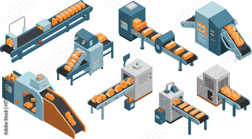 Isometric 3D illustration of automated conveyor belt system with cardboard boxes in modern warehouse logistics, packaging, and industrial production process