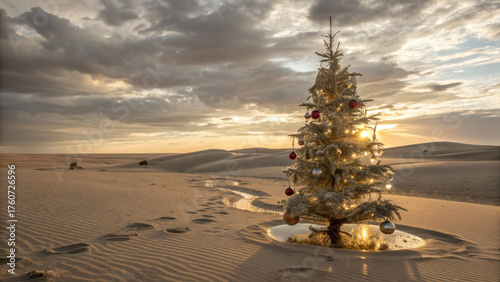 Beautiful Christmas tree stands alone vast desert landscape, surrounded by soft sand dunes dramatic sky. tree is adorned with colorful ornaments, reflecting warm glow of sunset, creating serene