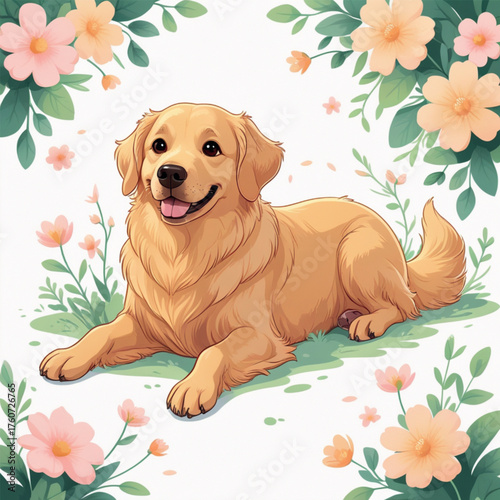 golden retriever puppy with flower 