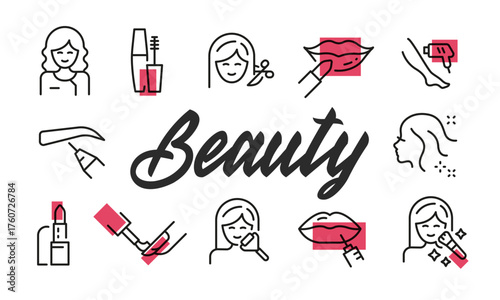 Beauty poster. Beauty poster design with Lipstick, Mascara, Makeup Brush, Skincare, and Injection icons. Simple poster for presentations, covers. Banner template. Vector illustration.