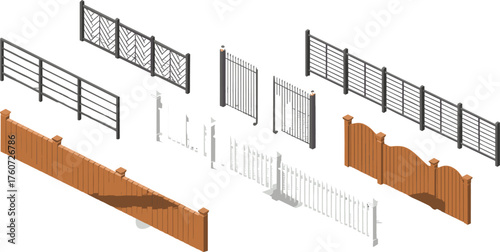 Isometric 3D illustration showing various types of fences and gates made of wood and metal for architecture and construction design