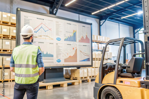 Warehouse worker in safety vest and hard hat observes data charts displayed on large screen, reflecting logistics and inventory trends. environment is organized and industrial