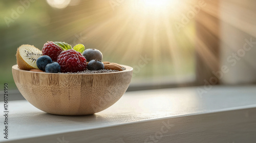 Fresh fruit bowl featuring raspberries, blueberries, and kiwi, beautifully arranged in wooden bowl. warm sunlight creates serene atmosphere, enhancing vibrant colors of fruits