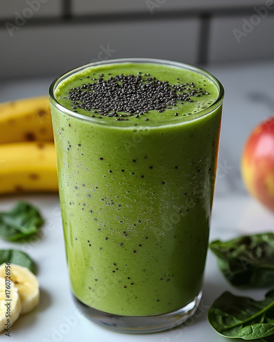 Fresh green smoothie made with spinach, banana, and apple, topped with chia seeds. This nutritious drink is perfect for healthy lifestyle and provides refreshing boost of energy