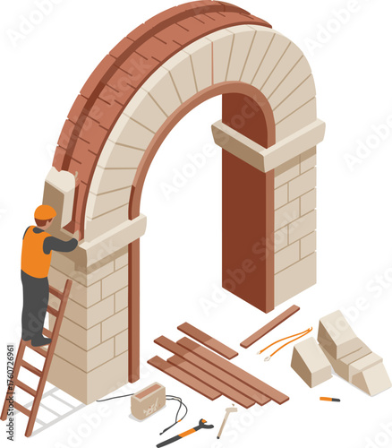 Isometric construction illustration showing worker building stone arch structure, masonry process, architectural restoration and heritage craftsmanship scene