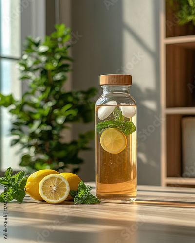 Refreshing lemon infused water in glass bottle, garnished with mint leaves and ice cubes, placed on wooden table. bright sunlight enhances vibrant colors, creating serene atmosphere