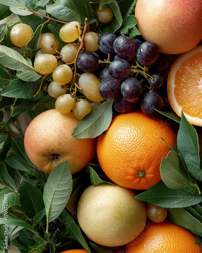 Fresh fruits including oranges, grapes, and pears are beautifully arranged among vibrant green leaves, creating colorful and healthy display. This composition evokes sense of freshness