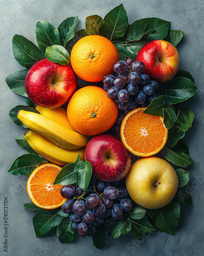 Fresh fruits arranged beautifully on textured surface, featuring apples, oranges, bananas, and grapes surrounded by green leaves, creating vibrant and healthy display