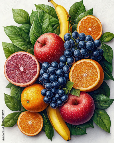 Vibrant arrangement of fresh fruits including apples, oranges, bananas, and grapes, surrounded by lush green leaves, creating colorful and appetizing display