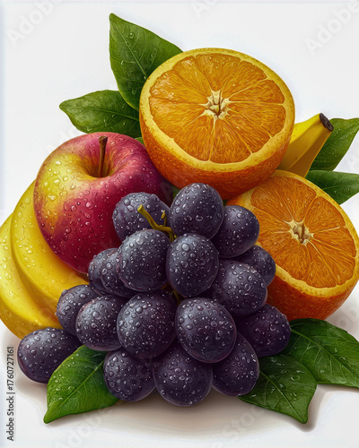Fresh fruits including apples, oranges, bananas, and grapes arranged beautifully with vibrant colors and water droplets, evoking sense of freshness and health