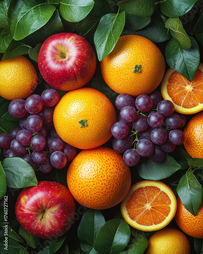 Fresh apples, oranges, and grapes arranged beautifully among vibrant green leaves create colorful and inviting display. This assortment of fruits evokes sense of health and vitality