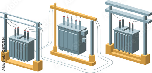 Isometric illustration of electrical transformers and power lines, energy substation equipment for electricity transmission and industrial power distribution system