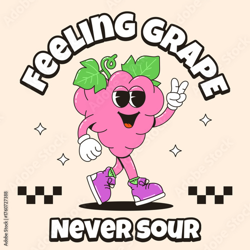 Happy retro grape mascot character with cheerful slogan. Vector illustration for branding, packaging, advertising