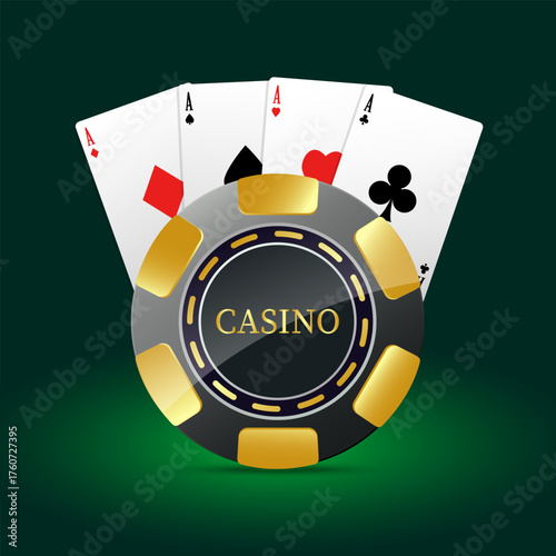 Casino illustration. 3D elements on the theme of casinos and gambling. Poker chip and ace cards on a dark green gradient background. Vector illustration
