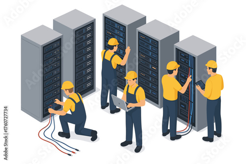 Team of technicians working on server racks in data center