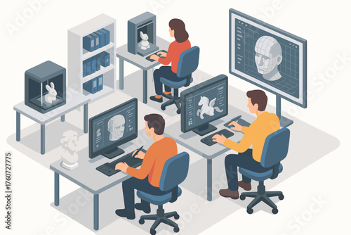 Team of young adults engaged in 3d design on computers in modern office setting