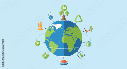 Vector illustration of planet Earth surrounded by icons representing ecology, green energy, and sustainable living concepts