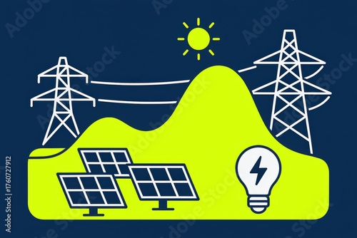 Innovative renewable energy landscape featuring solar panels on green hillsides alongside high-voltage power lines symbolizing the transition to sustainable electricity solutions