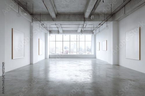 Modern Art Gallery With Empty Frames and Large Windows Overlooking City Skyline