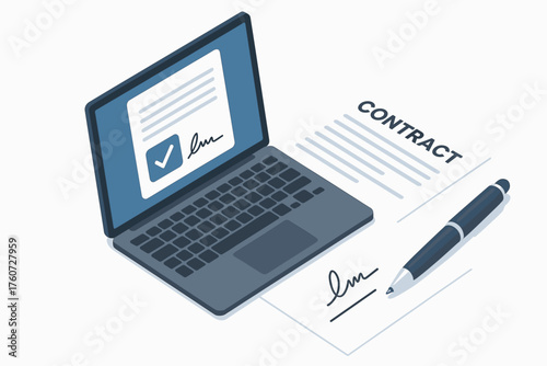 Digital agreement: laptop with electronic signature and contract document