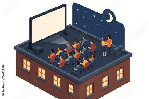 People enjoying a rooftop movie night under the night sky with stars