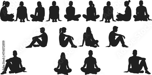 Minimalist silhouette illustration showing diverse group of people in various standing and walking poses, urban crowd concept on white background