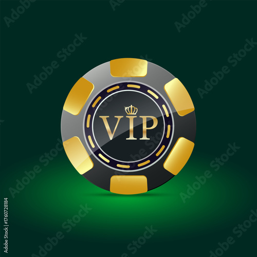 The element of the vip gambling chips at the gold black casino is highlighted on a dark green gradient background. Vector illustration