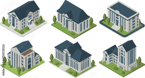 Modern isometric 3D architecture illustration of contemporary office and institutional buildings, creative design concept for urban planning and real estate visualization