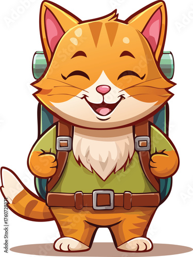 Happy cartoon cat mascot wearing a large backpack. Concept for travel, hiking, summer adventure, and tourism branding. Cheerful vector illustration with closed eyes smiling.