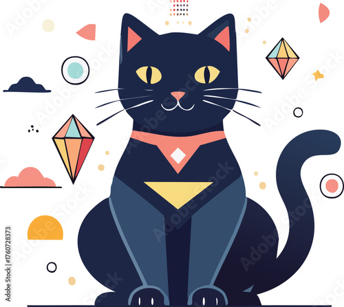 Stylized black cat mascot in a superhero costume, surrounded by abstract geometric shapes and diamonds. Ideal for gaming, tech, fantasy, and futuristic branding. Flat vector design.
