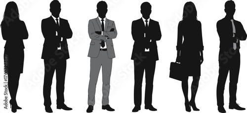 Professional business people silhouettes in formal suits standing confidently with arms crossed, teamwork and leadership concept on white background illustration