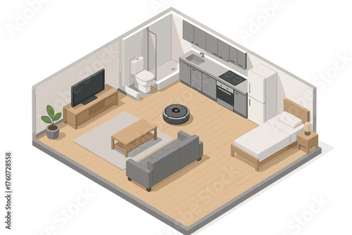Modern isometric studio apartment with smart robot vacuum in minimalist design