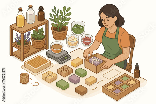 Young asian female crafting handmade soap with natural ingredients at home workshop