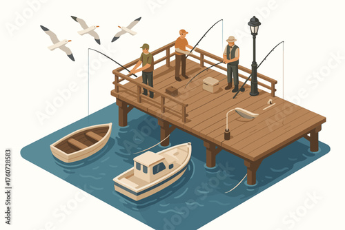 Two caucasian men fishing on wooden pier with boats and seagulls overhead