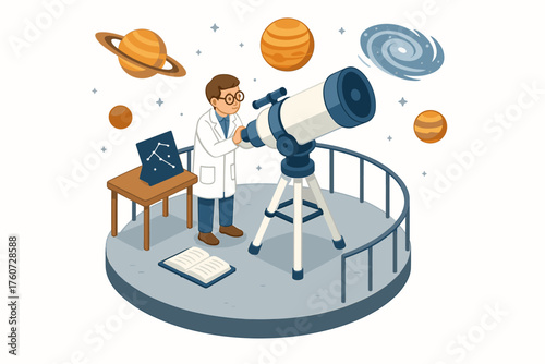 Young caucasian male astronomer observing planets with telescope in science illustration