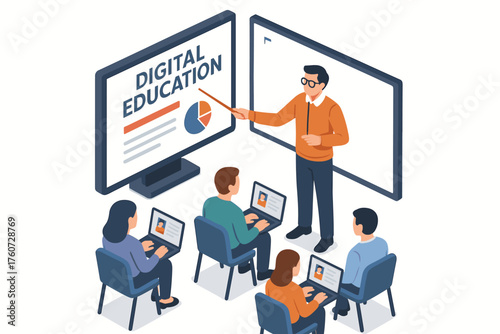 Male instructor teaching digital education to diverse young adults with laptops