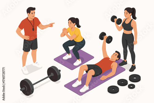 Diverse group engaging in fitness routine with coach and weights