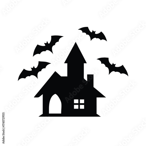 Spooky haunted house with flying bats in a mysterious night scene Vector illustration
