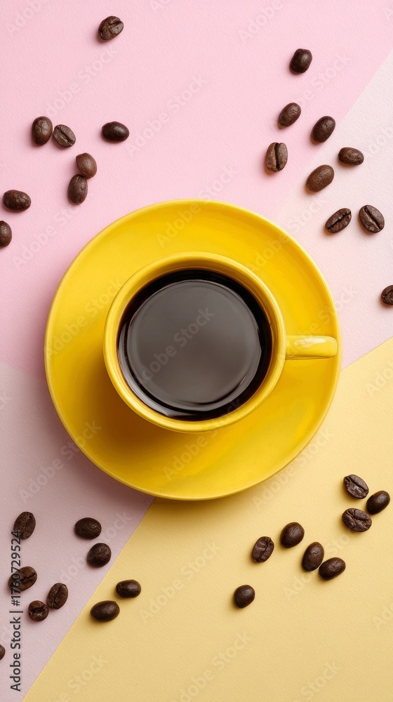 Obraz premium Freshly Brewed Coffee in a Yellow Cup on a Colorful Background With Scattered Coffee Beans