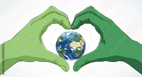 Conceptual vector art of two green hands in a heart gesture embracing the globe, a symbol for ecology and Earth Day awareness