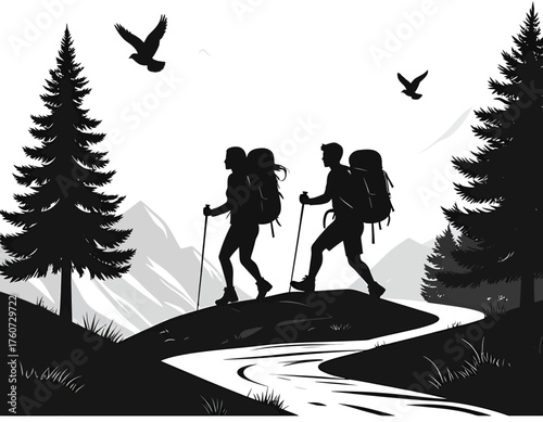 Hiking Couple Silhouette Illustration - Black Graphic Adventure & Trekking Clipart