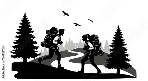 Hiking Couple Silhouette Illustration - Black Graphic Adventure & Trekking Clipart