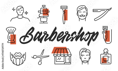 Barbershop poster. Barbershop poster design with Chair, Razor, Beard, Scissors, and Haircut icons. Simple poster for presentations, covers. Banner template. Vector illustration.