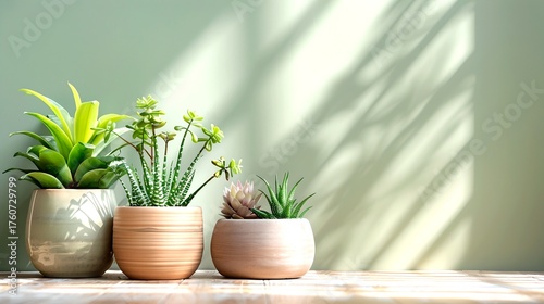 three potted plants of different shapes and sizes are arranged against a light green background, receiving sunlight