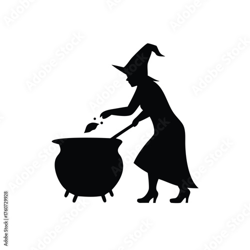 Witch stirring magical potion in cauldron with mysterious charm Vector illustration