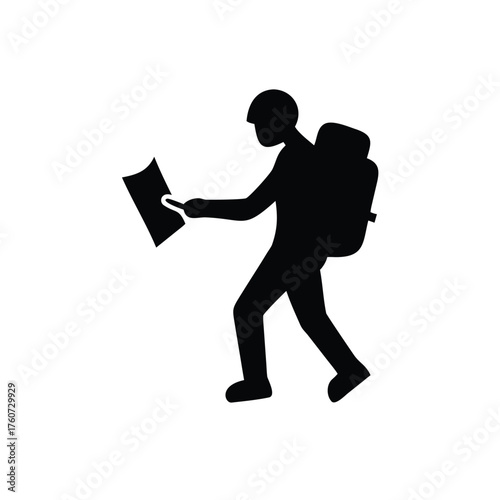 Adventurous traveler navigating map and carrying backpack on journey Vector illustration