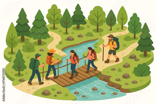 Group of hikers crossing a wooden bridge in forest landscape