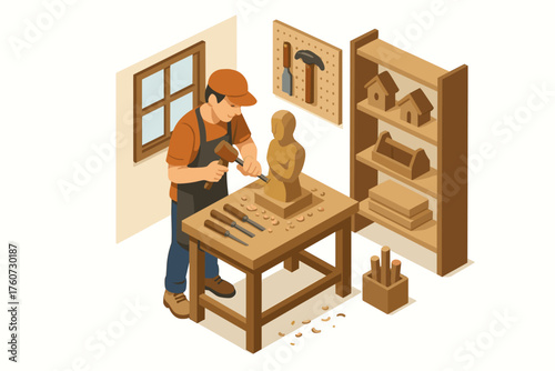 Young caucasian male woodworker carving bust in workshop with tools and shelving