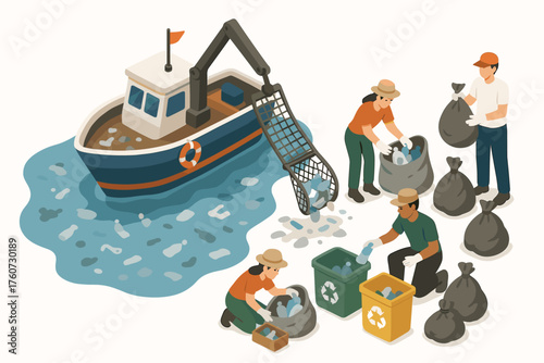 Environmental cleanup effort with diverse adults collecting ocean plastic waste