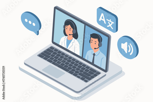Asian female and male professionals on virtual video call for communication and language services